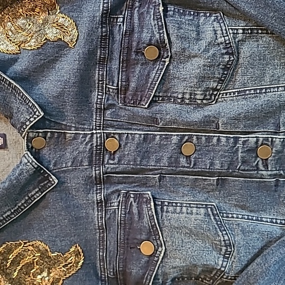 Denim 24/7 Wmns Plus 30W Blue Denim Gold Beaded Sequins Jacket Embellished Bling - Picture 6 of 16